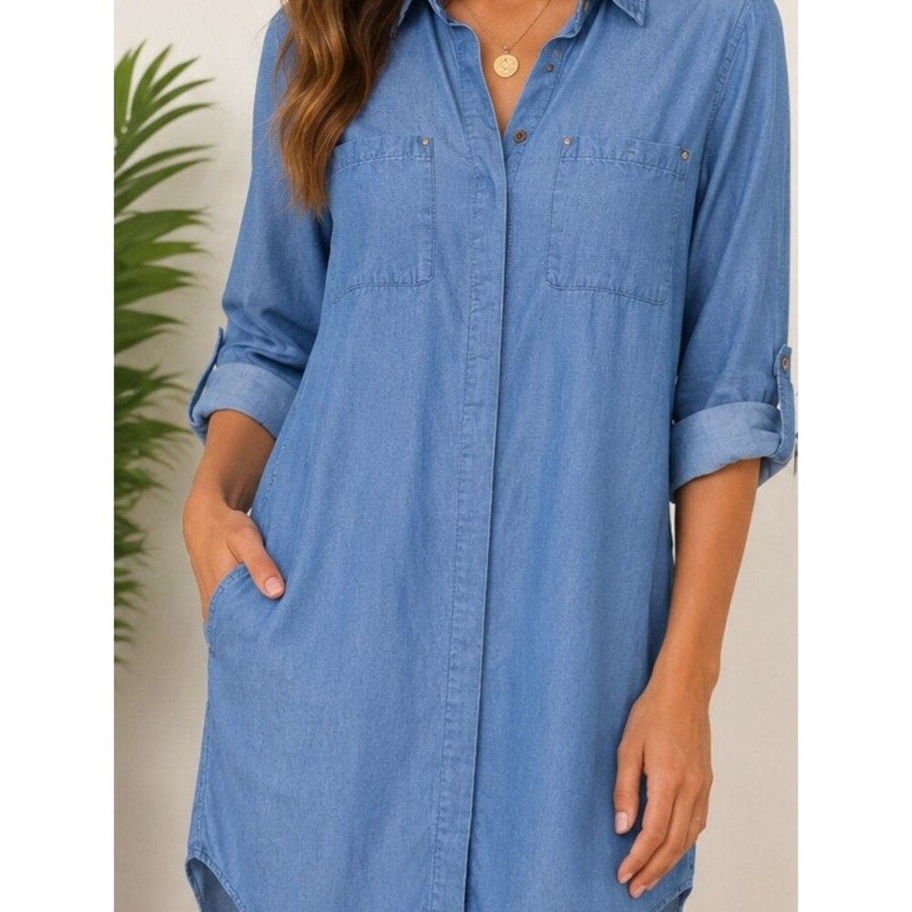 Lulus Chambray Button Front Shirt Dress Tunic Small Blue Roll Tab Sleeve Casual